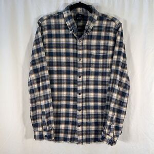 Ben Sherman Flannel Shirt Men's Large Yellow Blue Plaid Button Up Long Sleeve